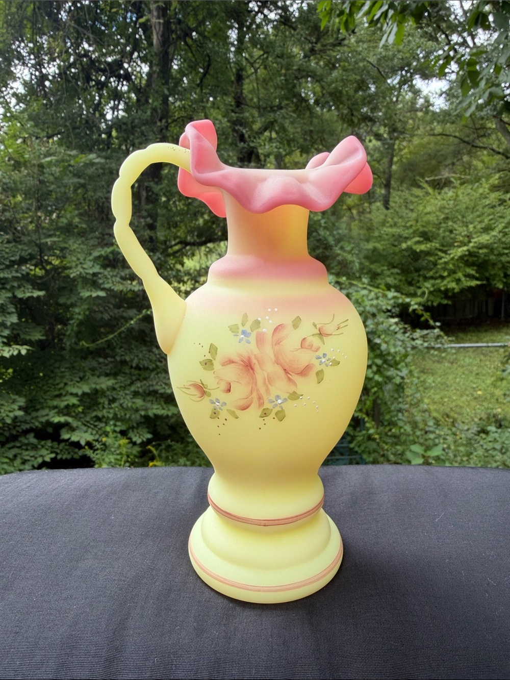 Fenton Burmese Hand-Painted Ruffled Pitcher Vase